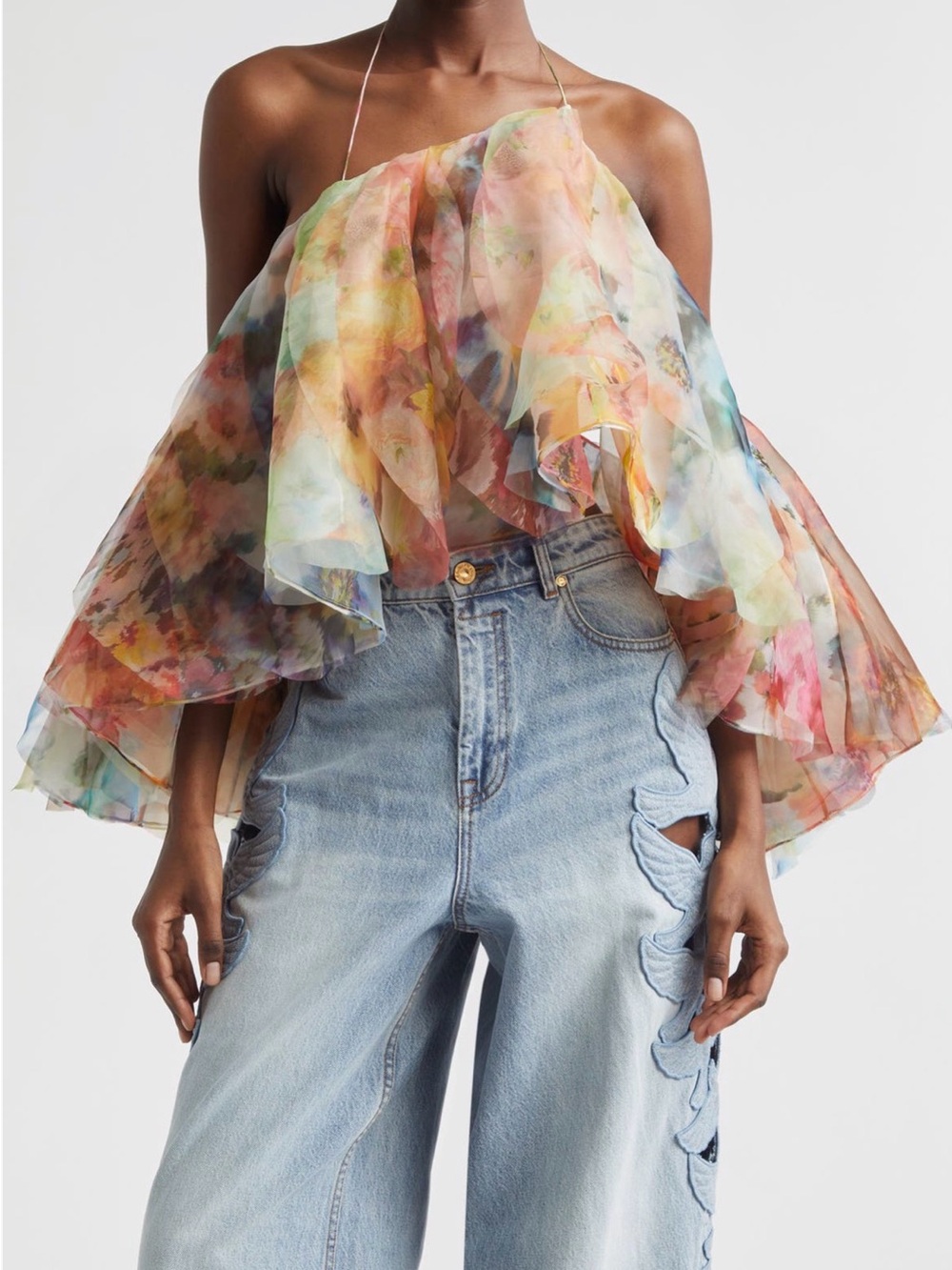 NWT Zimmermann Luna Fanned Tiered Organza Top Spliced Floral - Size 2 (US 8)